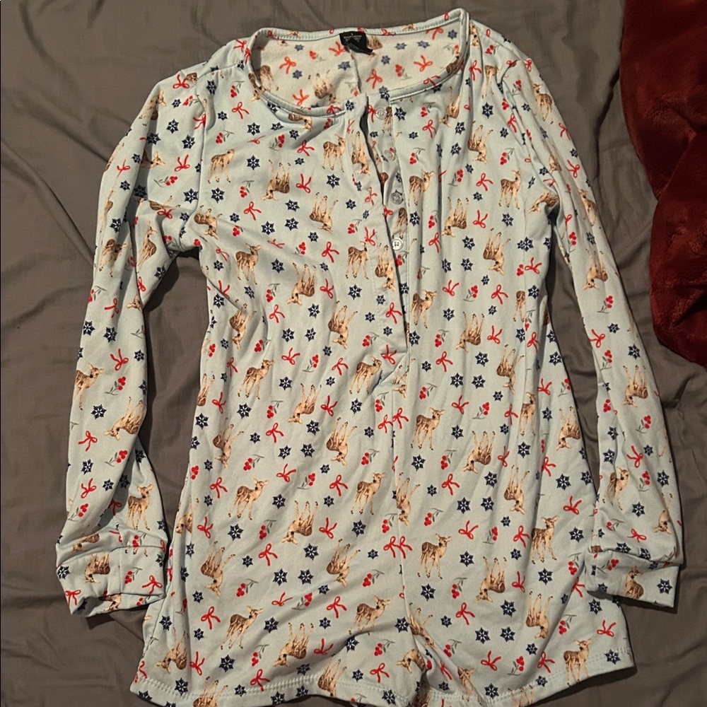 Light Blue Reindeer Print Button Romper